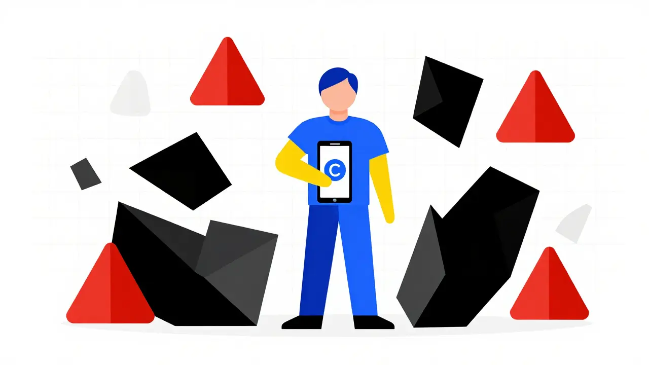 Abstract geometric art showing a user surrounded by red warning signs and frozen assets.