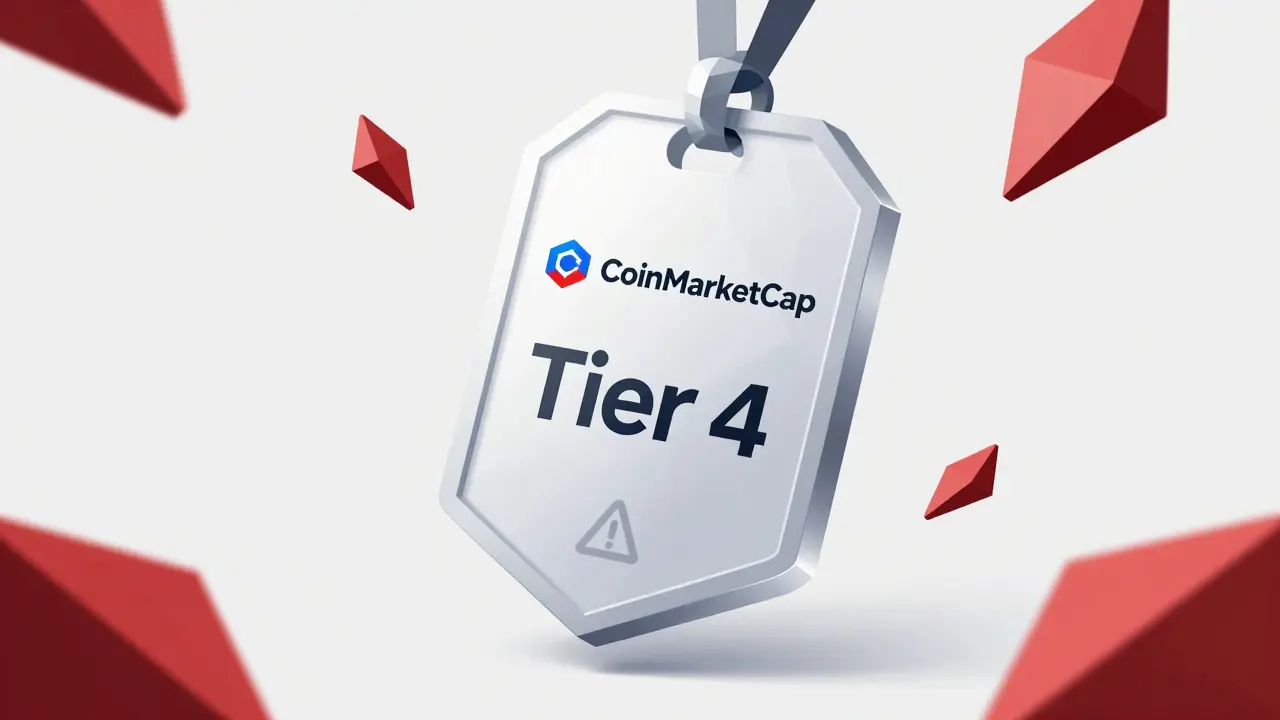 Abstract geometric badge representing a low-tier crypto listing with hidden risks and warnings.