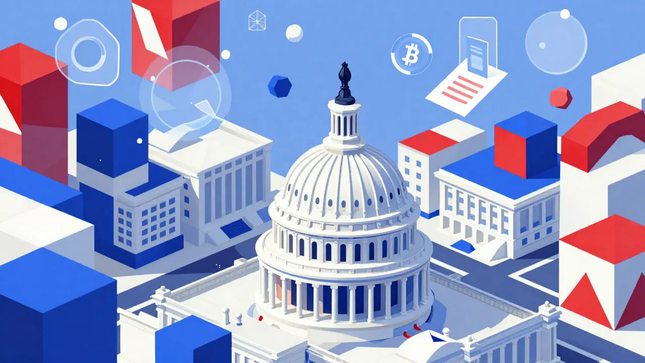 Abstract geometric illustration of crypto influencing US politics