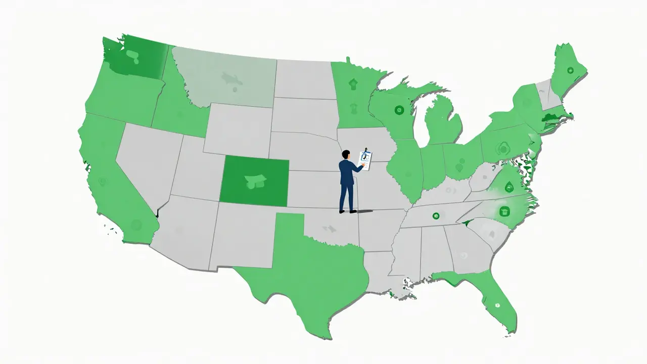 Abstract geometric map of US states showing complex crypto licensing requirements.