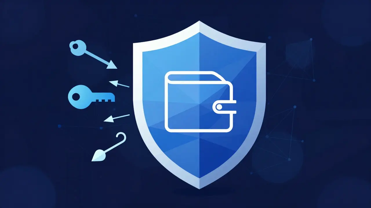 Abstract geometric shield protecting a crypto wallet from scam threats.