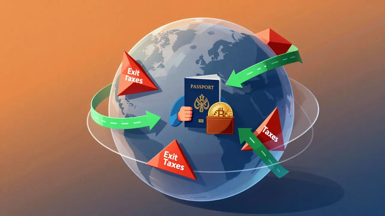 Abstract globe with passport and crypto wallet showing global mobility