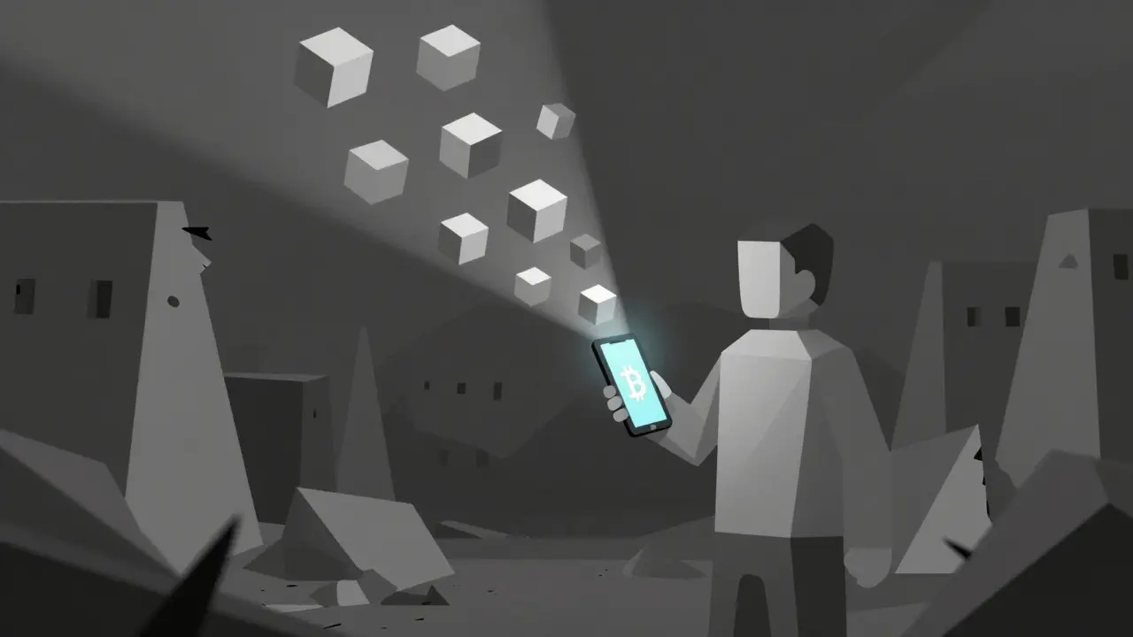 Citizen using crypto to preserve wealth amid sanctions, geometric illustration