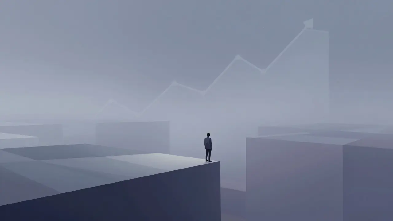 Foggy geometric landscape symbolizing uncertain future market outlook