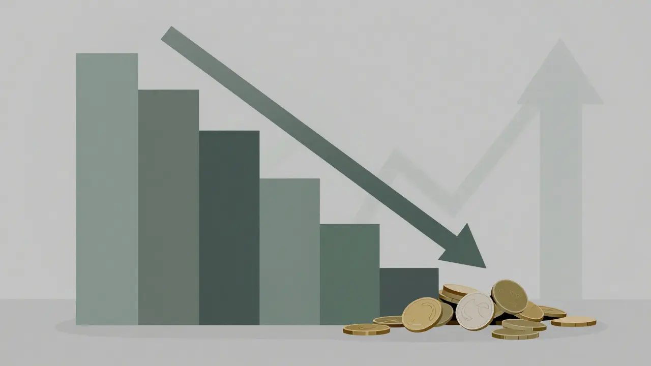 Geometric art depicting declining crypto value with falling charts and scattered coins.