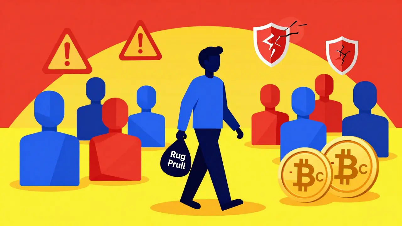 Geometric cartoon showing crypto risks like rug pulls and ticker confusion
