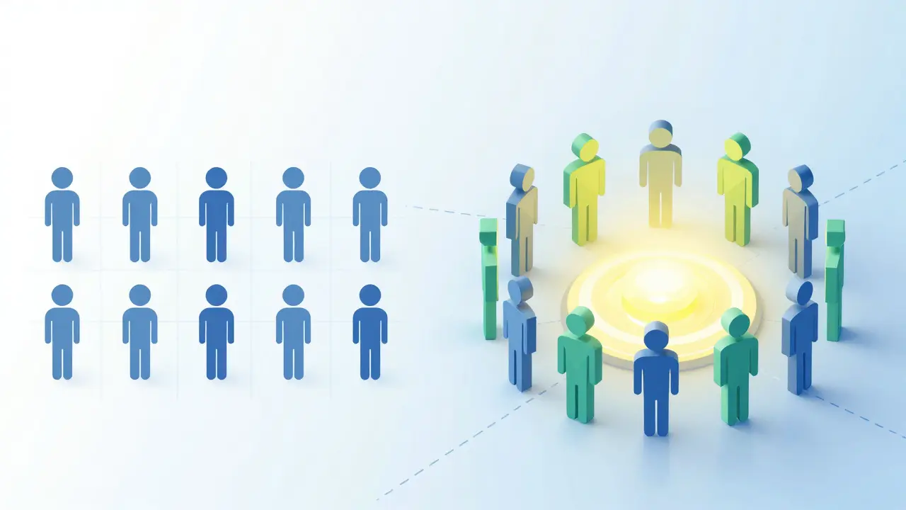 Geometric illustration contrasting sparse users with a crowded future metaverse hub