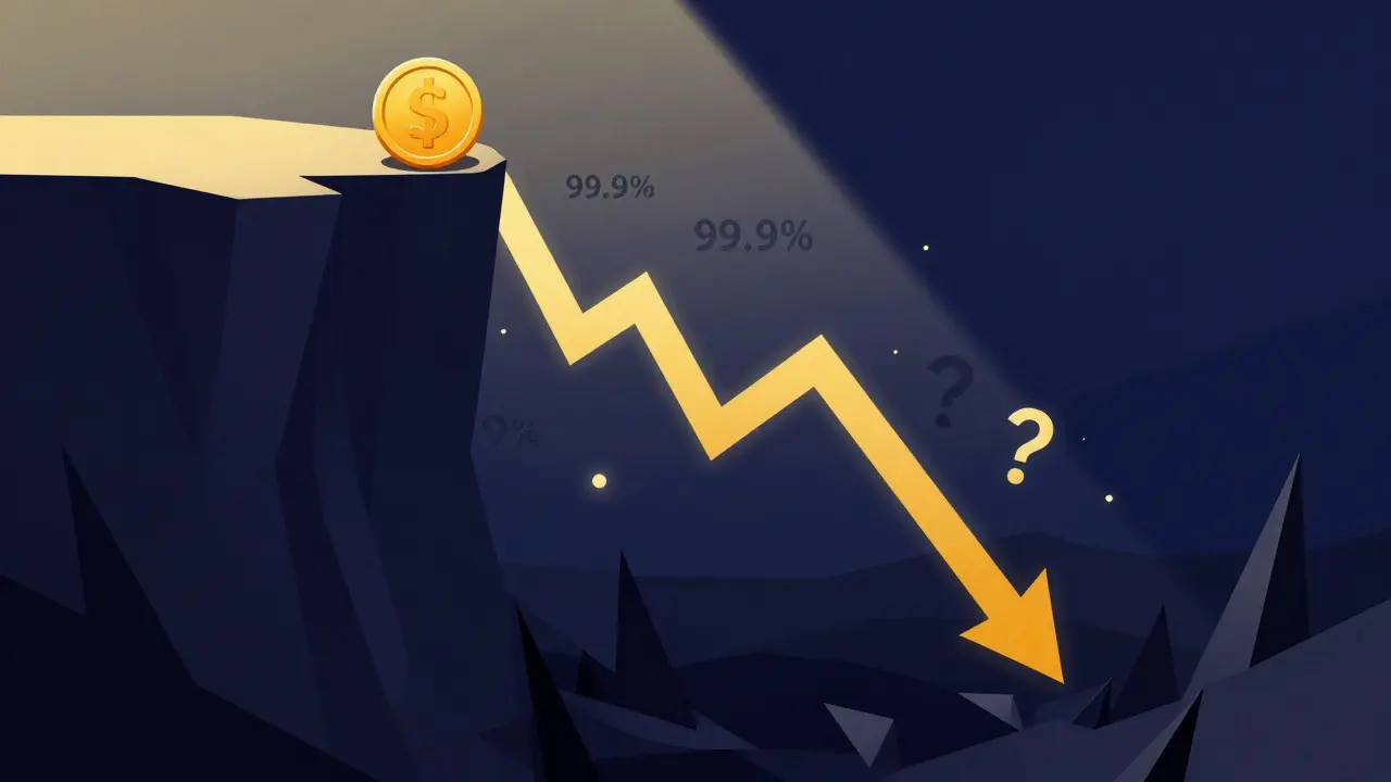 Geometric illustration of a steep price drop cliff with a falling coin