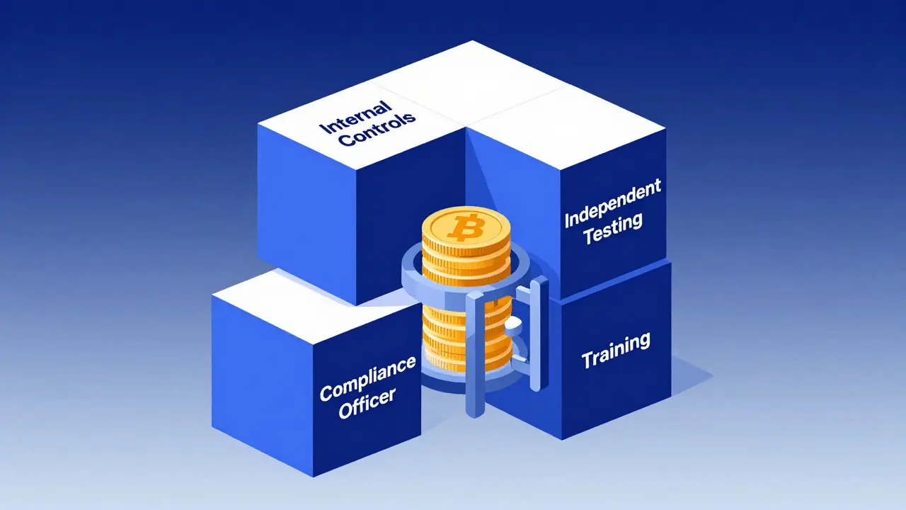 Geometric illustration of compliance pillars forming a secure vault for digital assets.