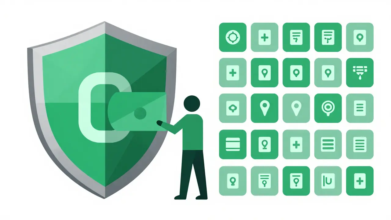 Geometric illustration of security shield and digital store