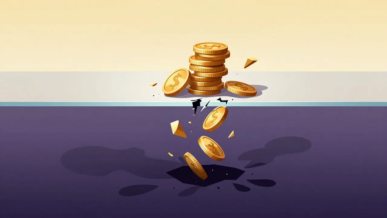 Golden geometric coins crumbling and falling through a hole, symbolizing financial loss.