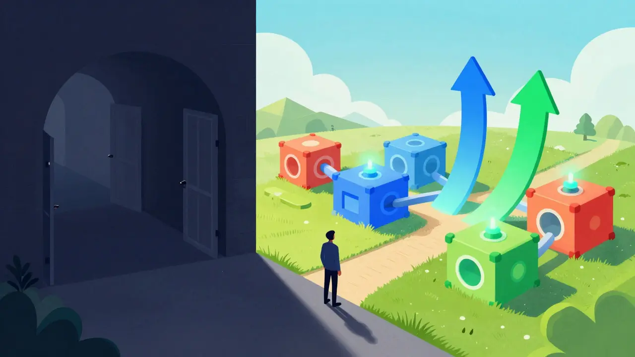 Illustration contrasting a dark dead-end path for ElonTech with a vibrant, growing ecosystem of new crypto projects.
