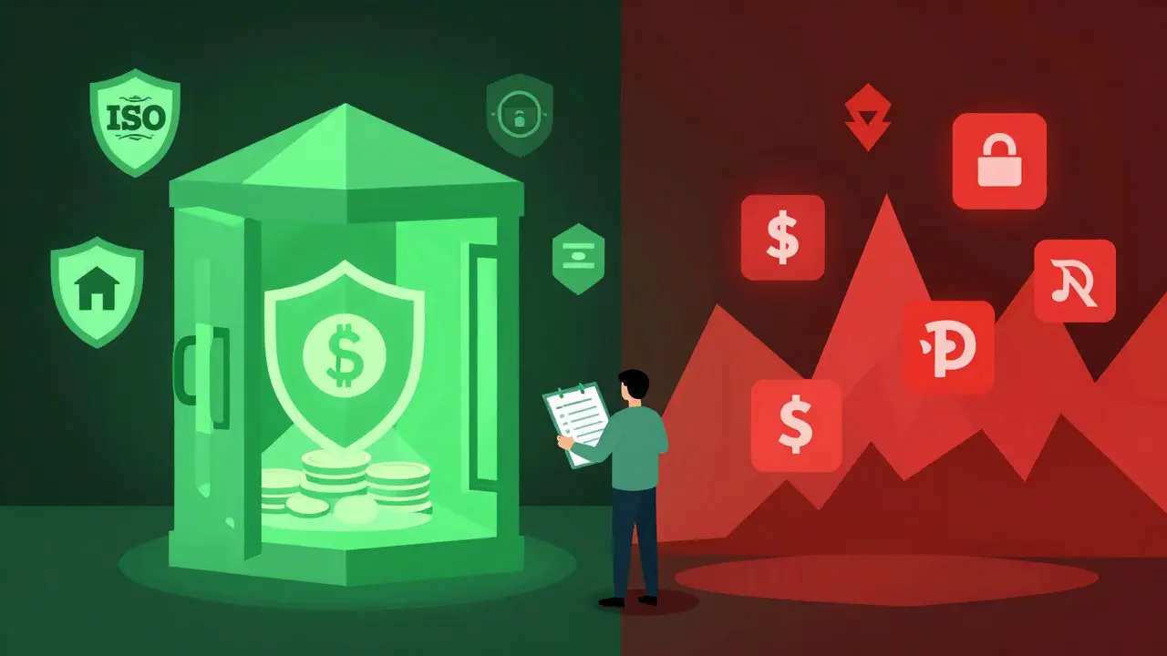 Safe green vault vs chaotic red risks in crypto trading