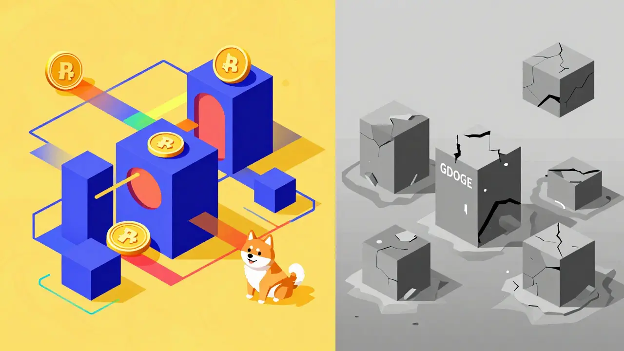 Split geometric comparison showing active crypto projects versus an abandoned, crumbling token.