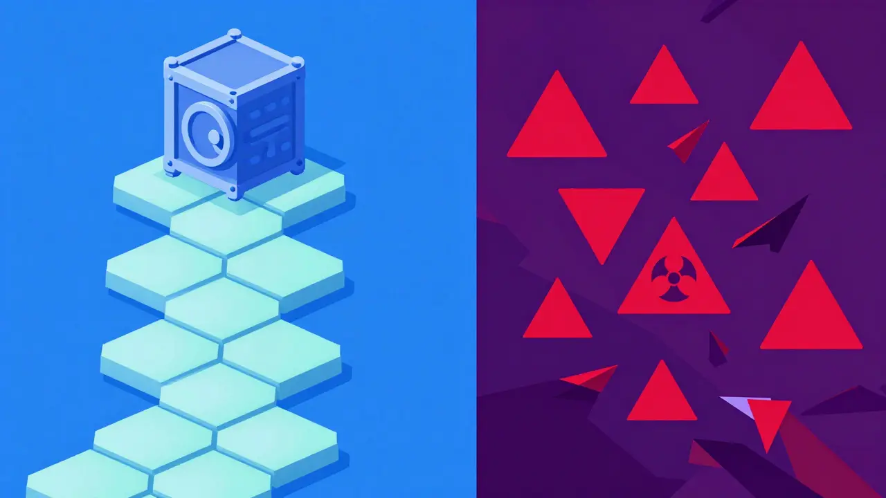 Split geometric graphic comparing safe exchange trading vs risky scam airdrops.