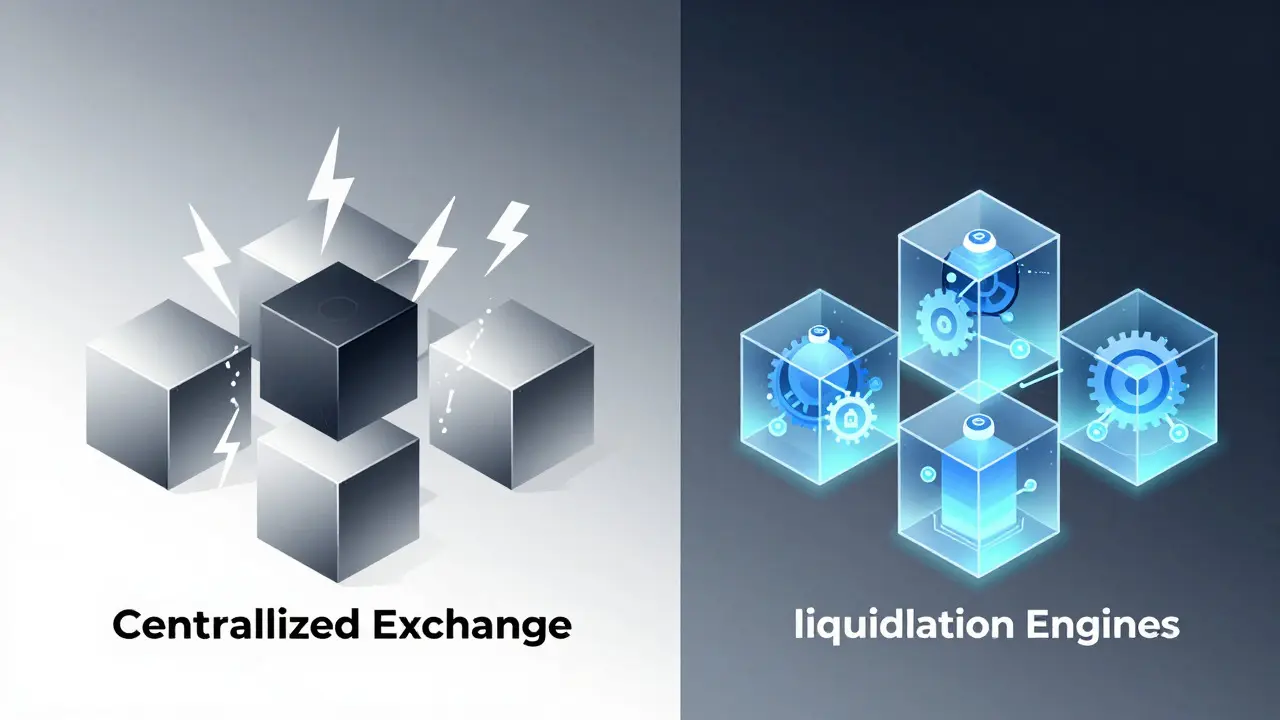 Split illustration contrasting opaque CEX speed with transparent DeFi smart contract structures