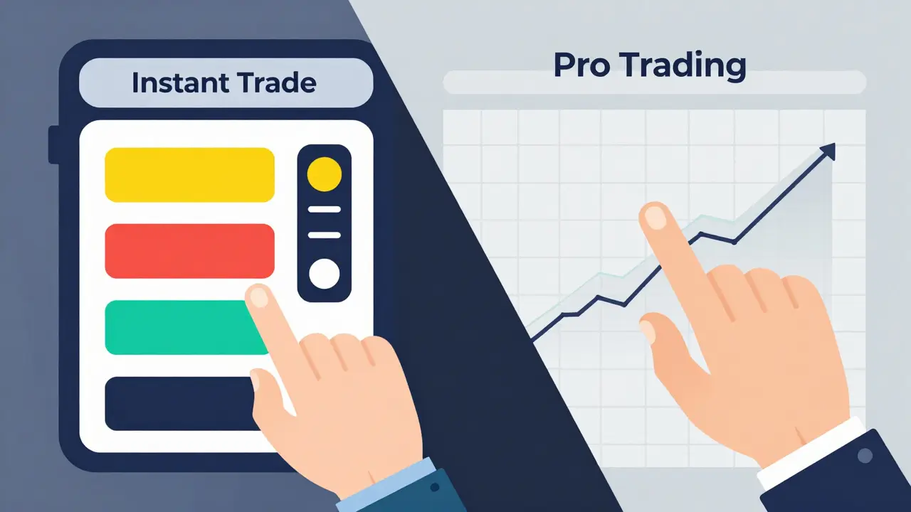 Split view of instant and pro trading interfaces