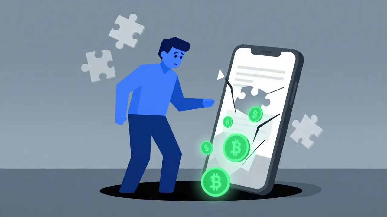 Stylized figure losing crypto tokens into a dark void from a broken phone screen.
