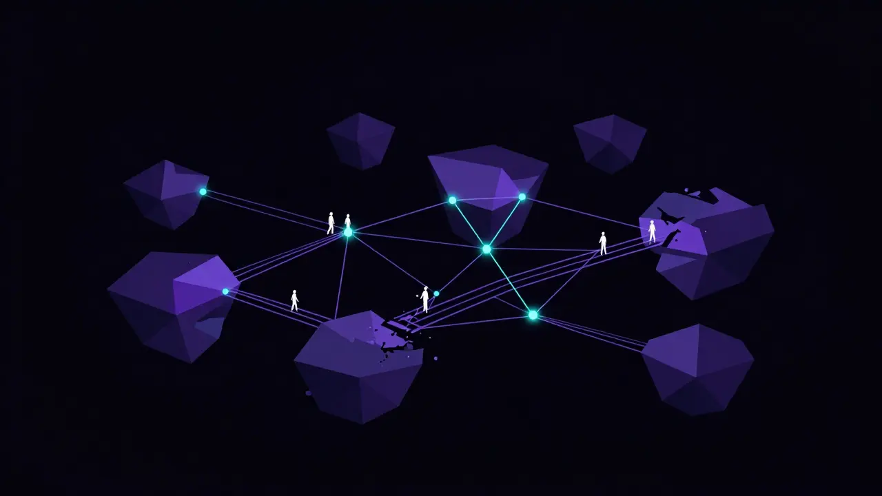Stylized geometric network of fragile bridges connecting isolated figures in a dark void.