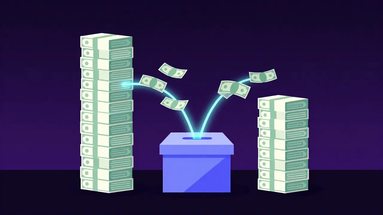 Stylized geometric towers representing crypto PAC spending