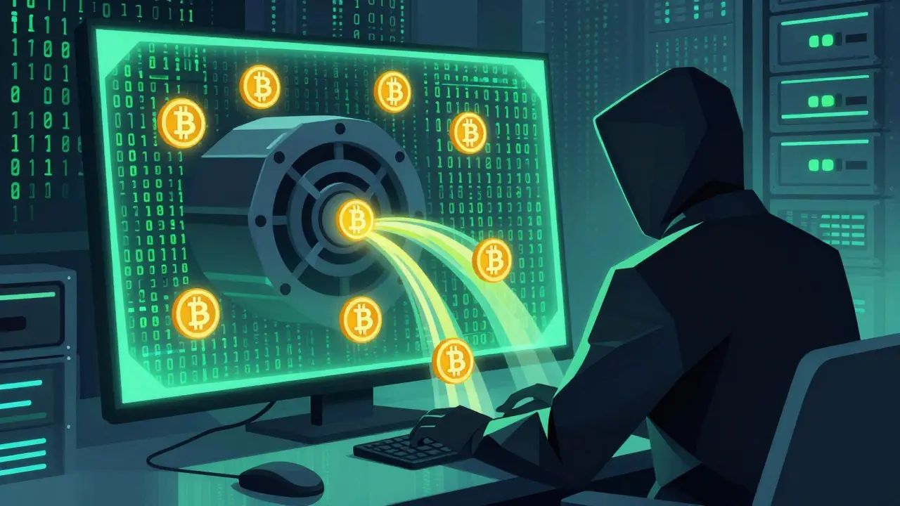 Stylized hacker stealing Bitcoin from servers in geometric art style