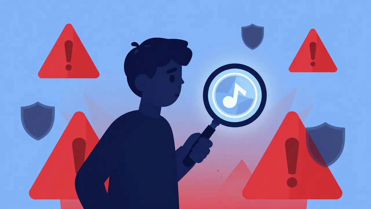 Stylized illustration of a user checking crypto token security with warning signs nearby.