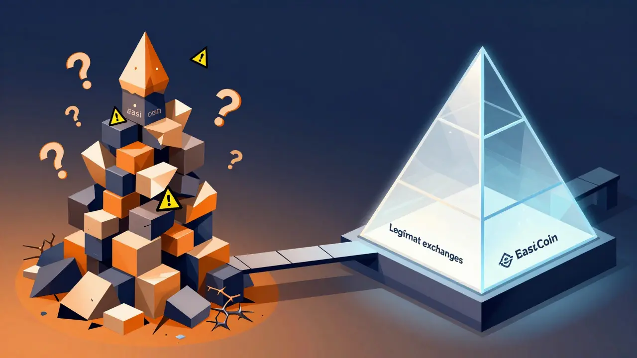 Unstable geometric tower versus a sturdy glass pyramid representing safe exchanges.