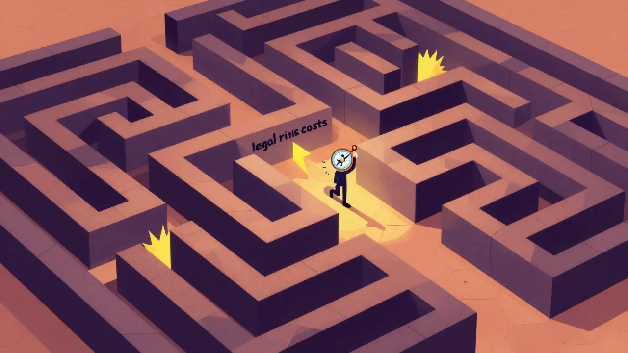 A figure navigating a complex hexagonal maze, representing legal compliance challenges
