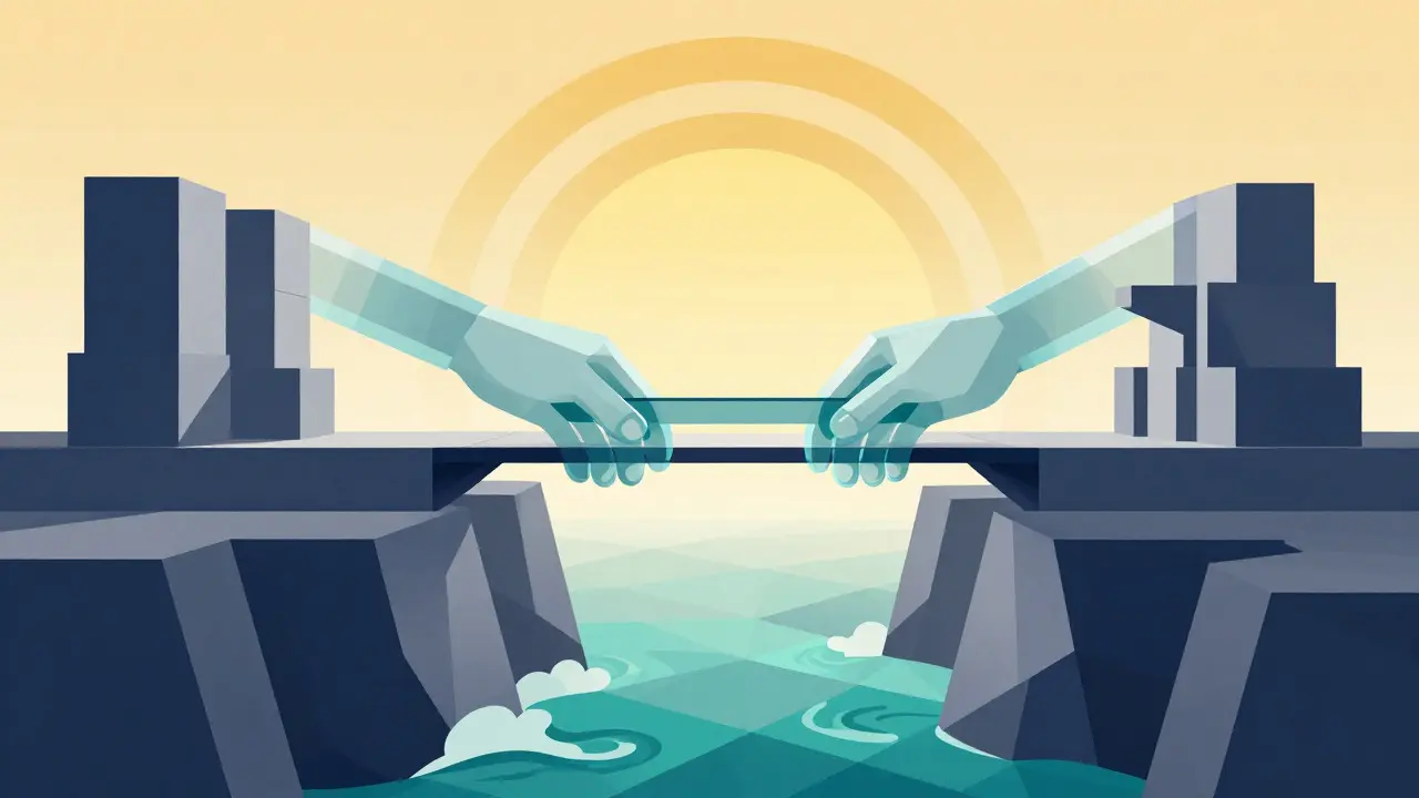 A geometric bridge being built over a chasm, symbolizing legislative compromise