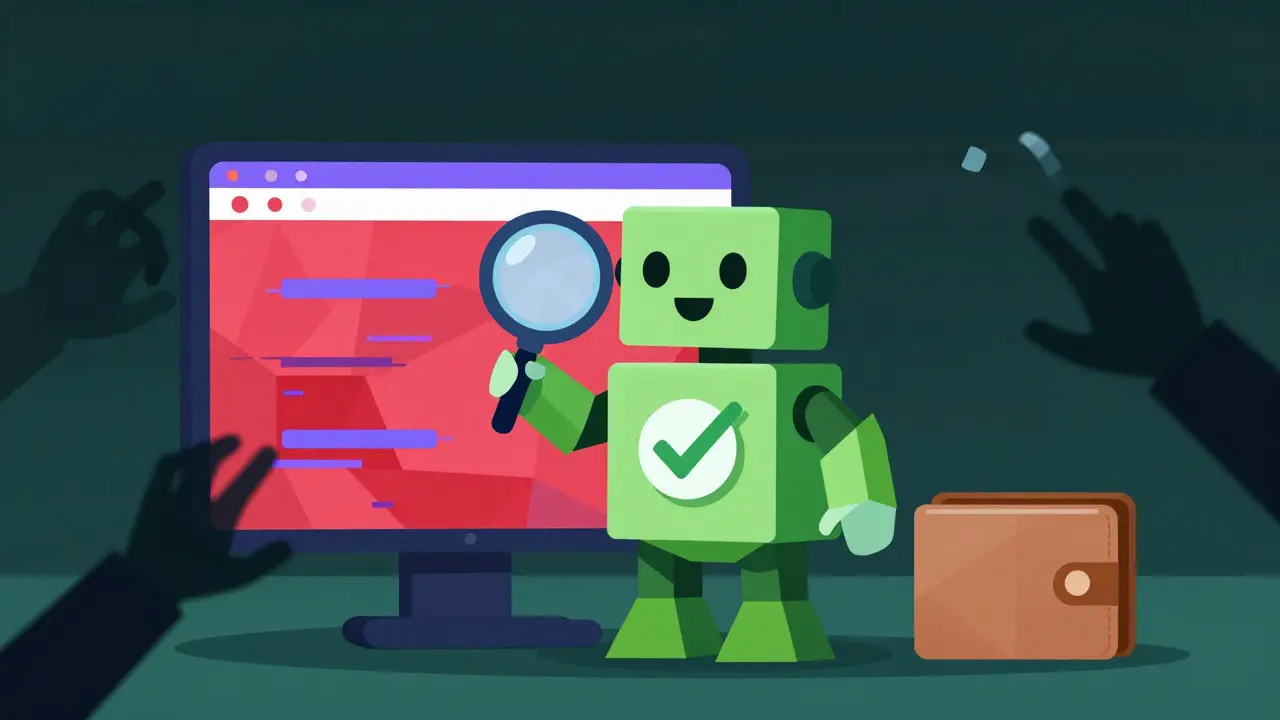 A geometric robot inspecting a fake website to protect a digital wallet from scams.