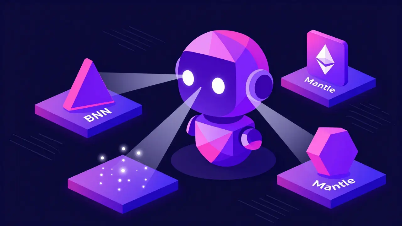 Abstract geometric AI robot scanning multiple blockchain platforms for digital opportunities