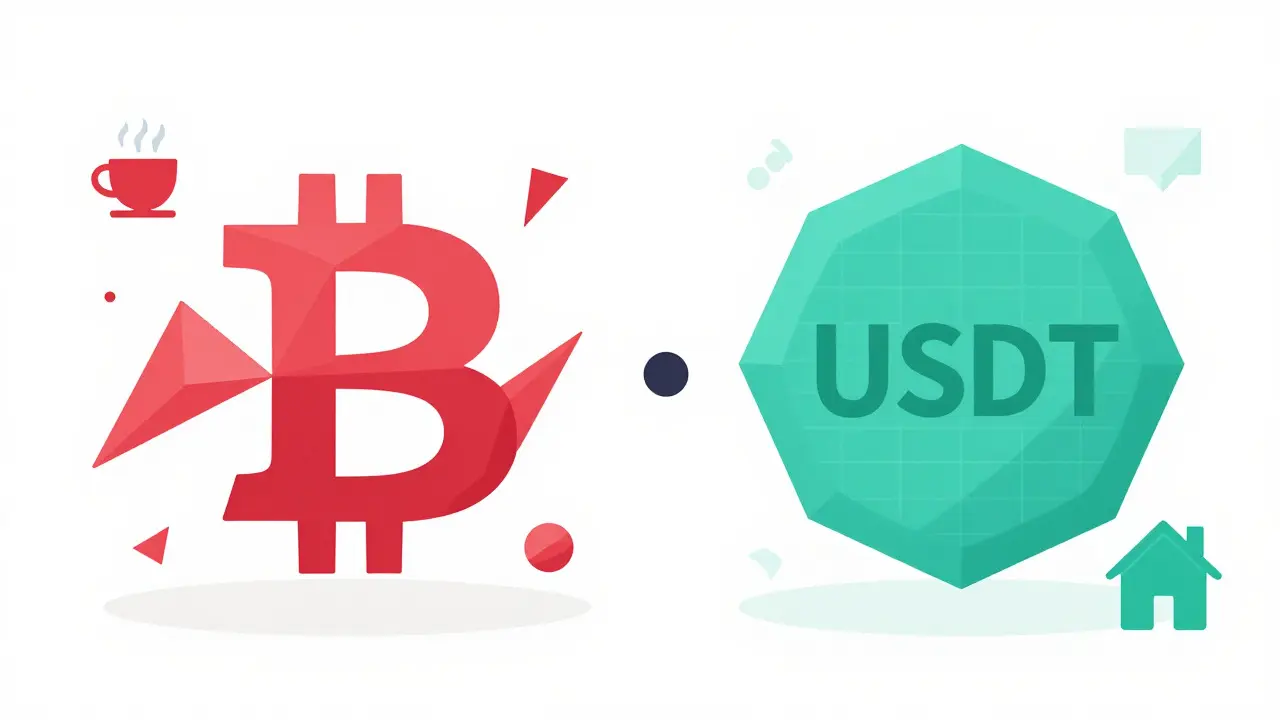 Abstract geometric comparison of volatile Bitcoin vs stable USDT coins
