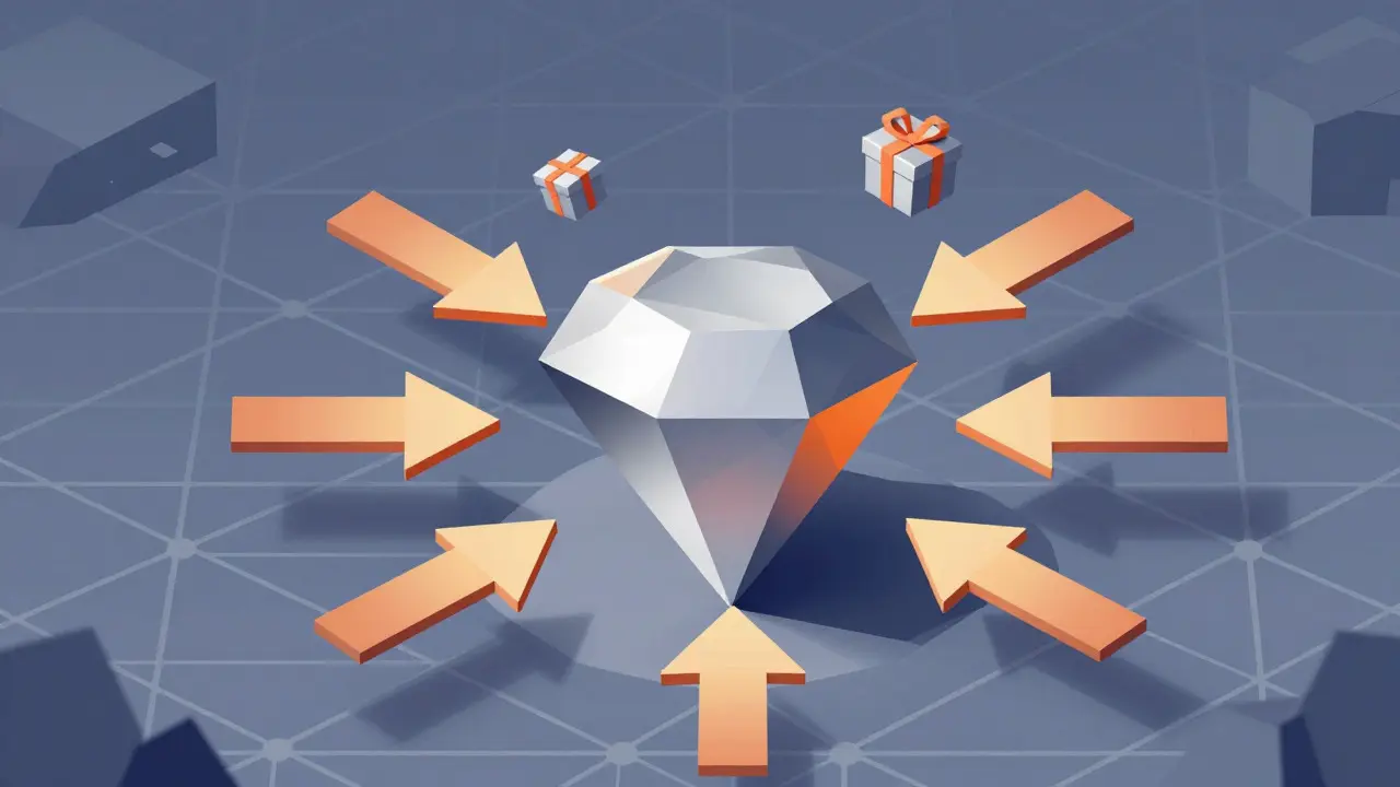 Abstract geometric depiction of a crypto token receiving income arrows on a digital grid map