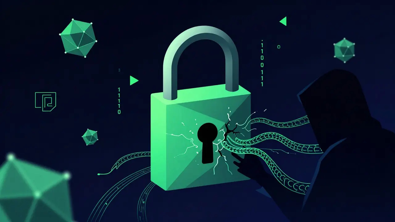 Abstract geometric depiction of hackers breaching a secure cold wallet.