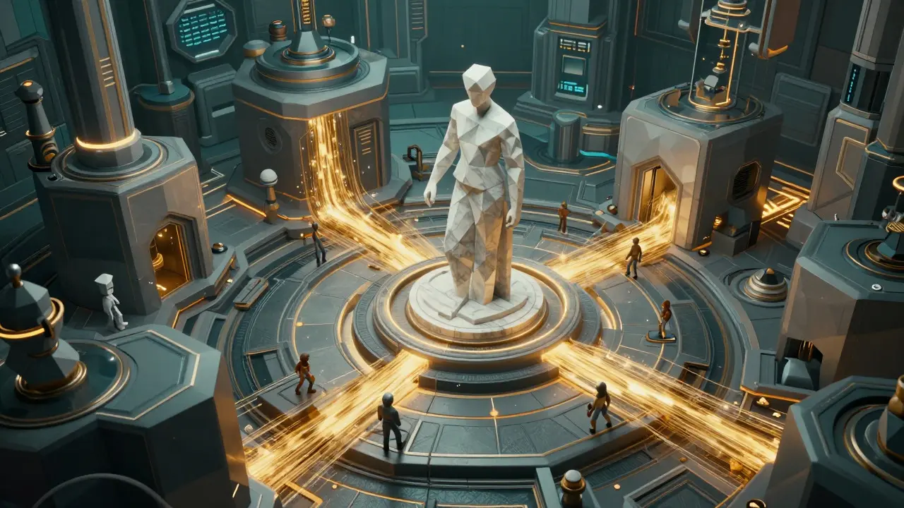 Abstract geometric facility with a central statue and flowing golden energy streams