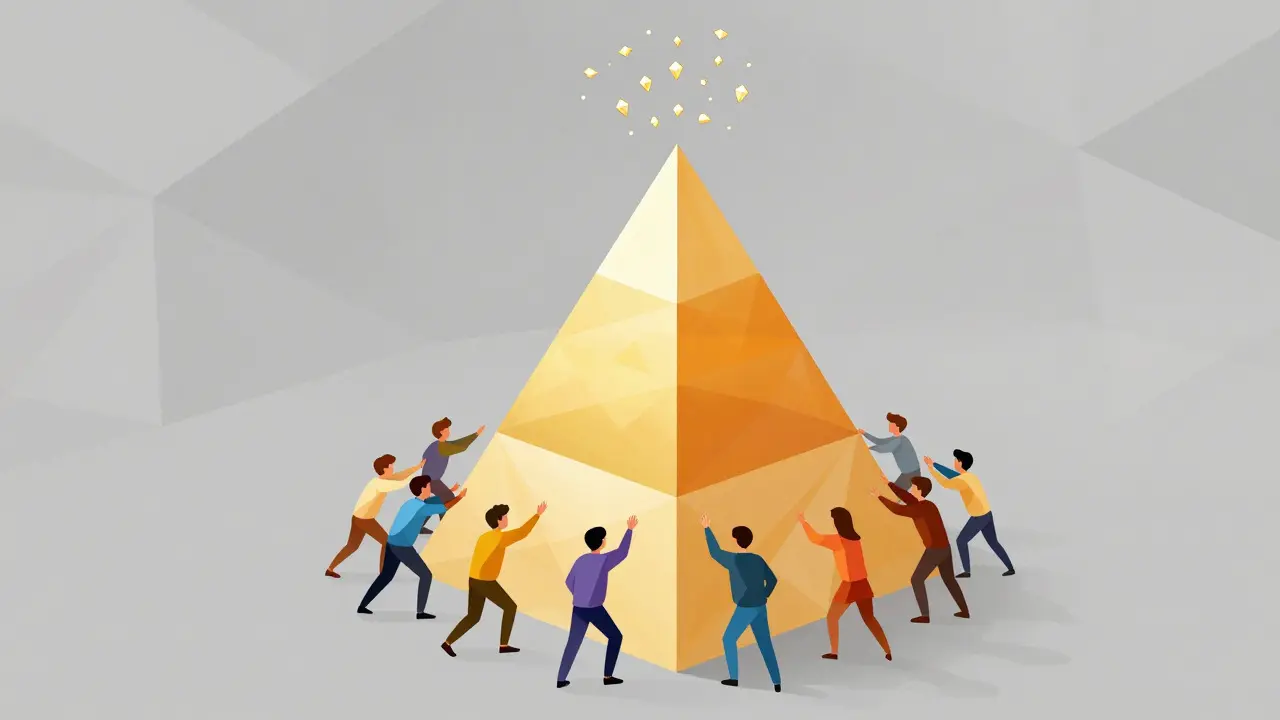 Abstract geometric pyramid with user figures pushing up for token rewards