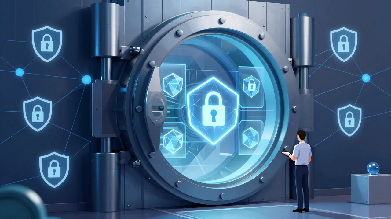 Abstract geometric vault securing digital assets with network connections