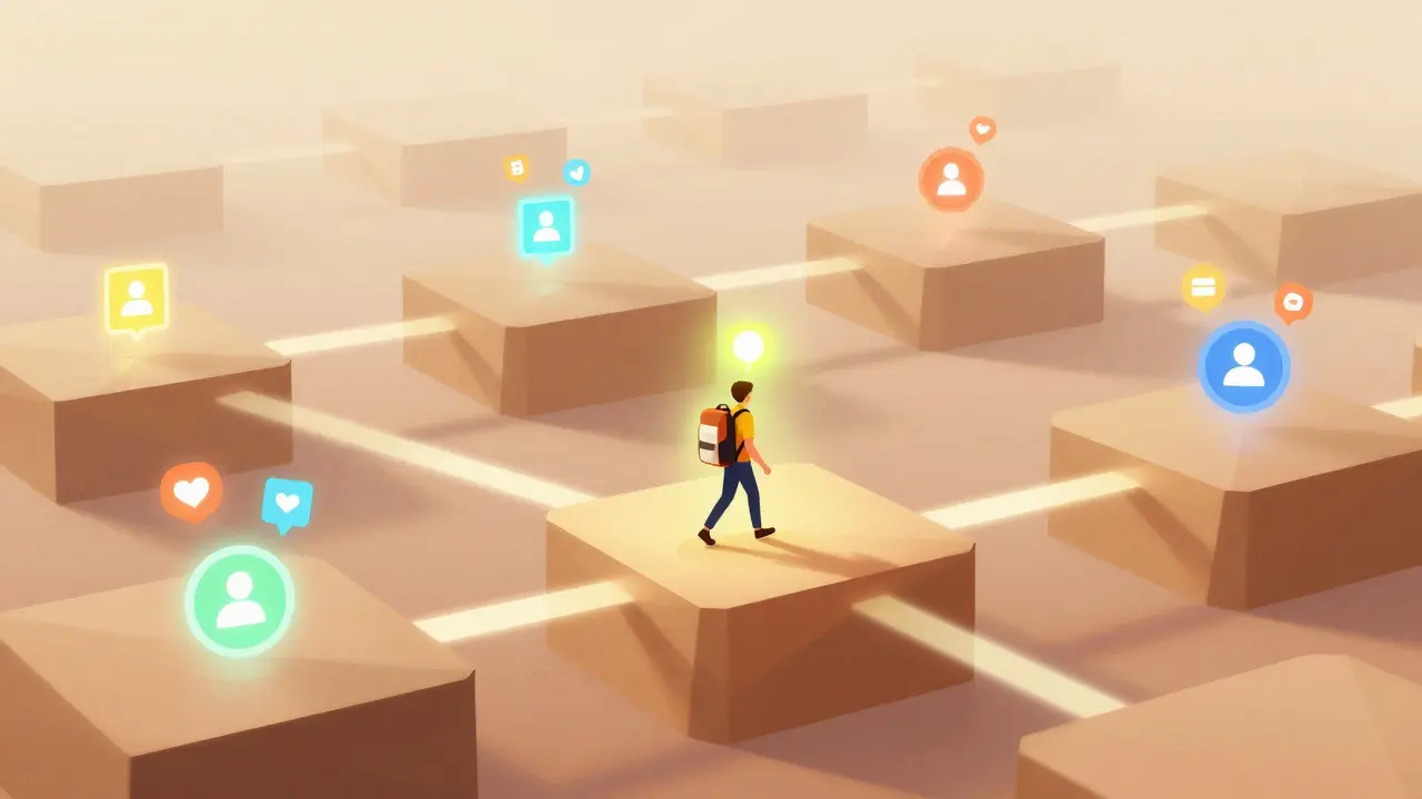 Character walking between geometric islands carrying glowing icons of followers and badges