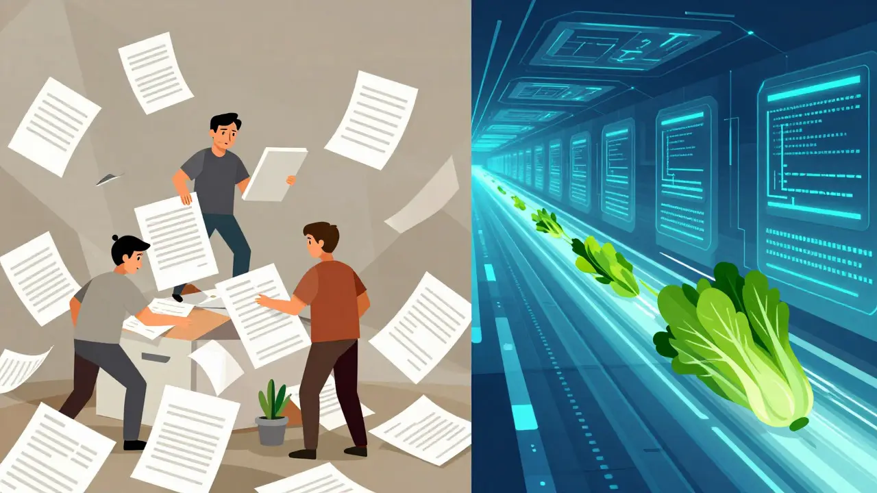 Contrast between chaotic paper records and streamlined blockchain food tracking