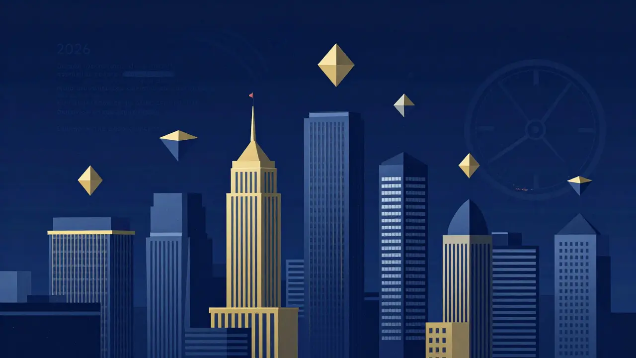 Corporate skyline illustration showing market consolidation and growth