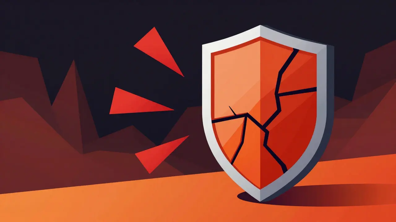 Cracked shield defending against red risk triangles in geometric art