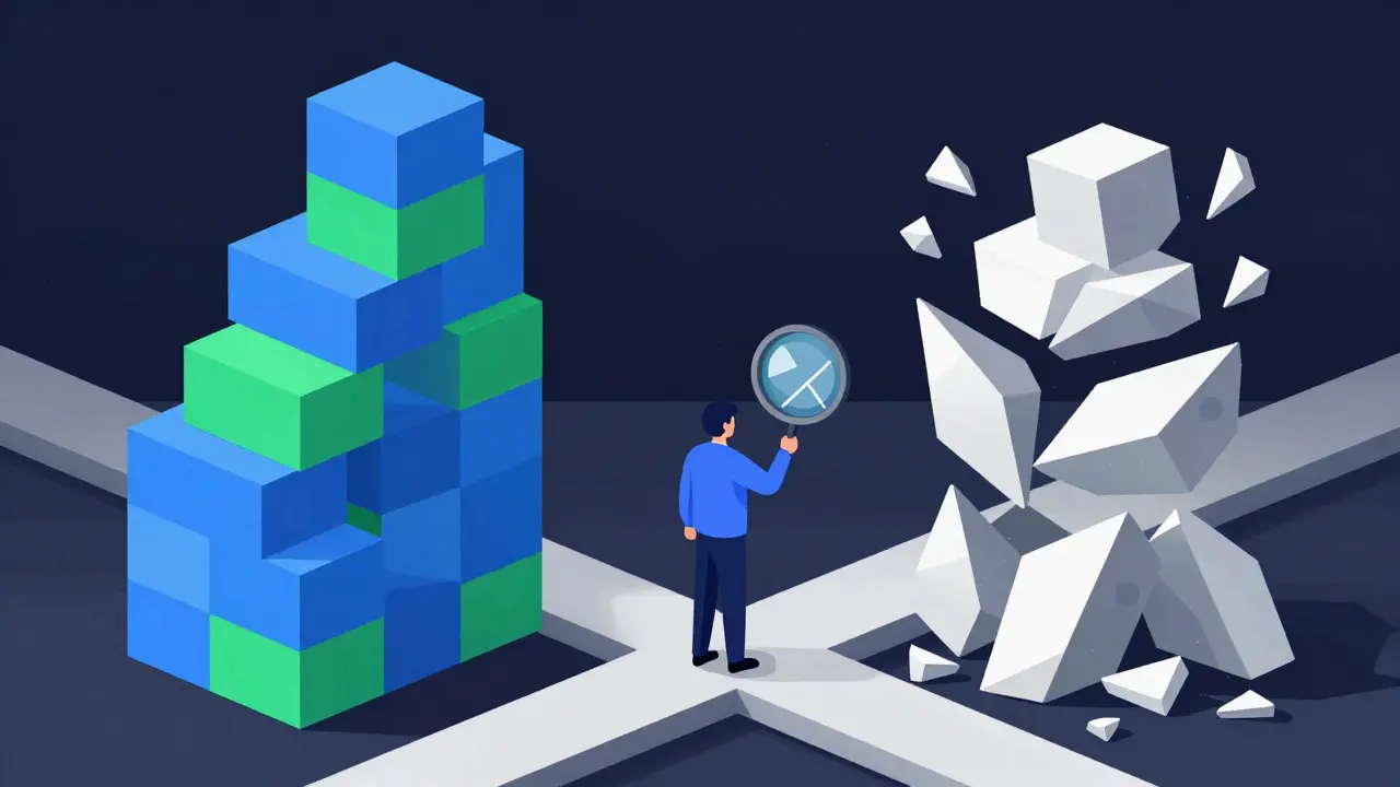 Figure comparing stable tower vs crumbling stack of tokens