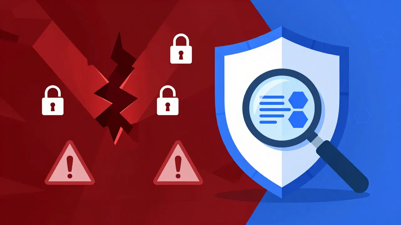 Geometric art contrasting a chaotic scam warning with a secure verification shield and blockchain data