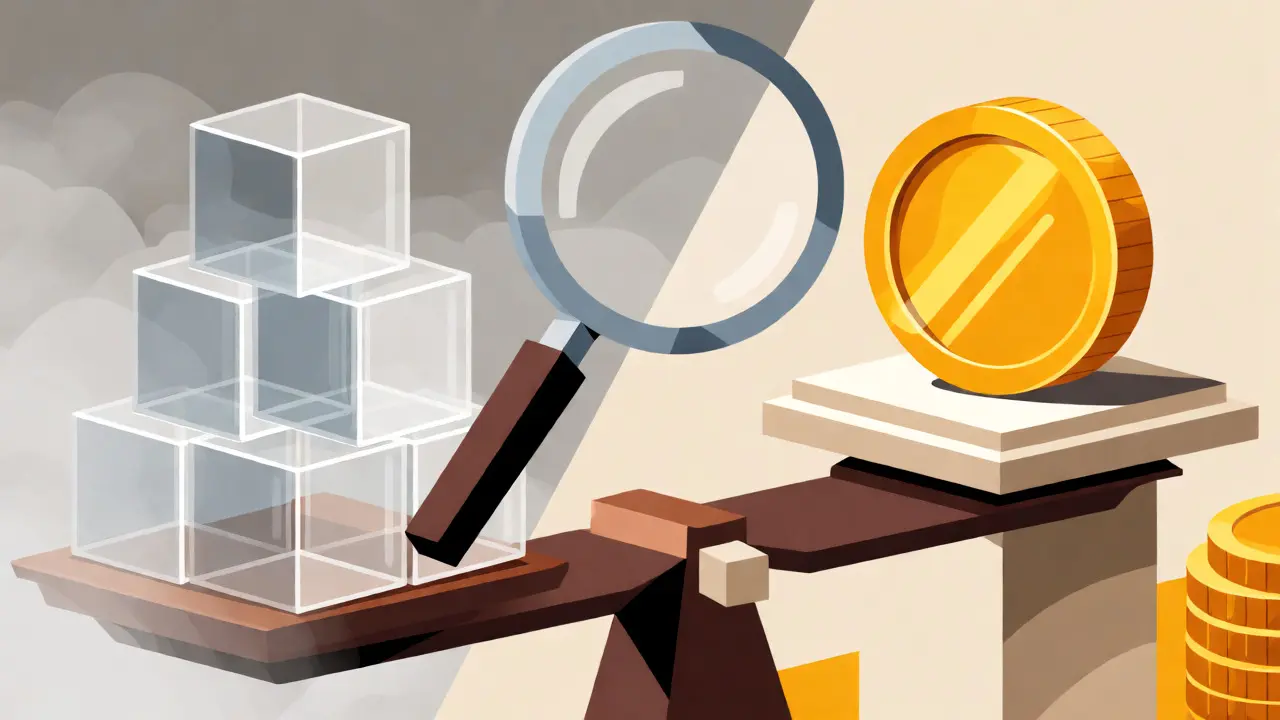 Geometric balance scale comparing transparent data with valuable crypto assets