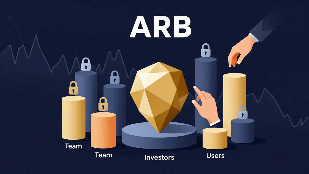 Geometric diagram of ARB token distribution, governance pillars, and supply unlocking dynamics.