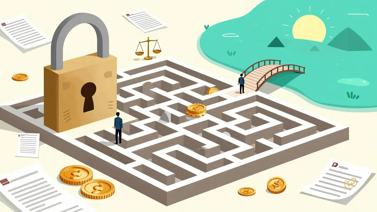 Geometric maze of legal documents representing the complex process of renouncing citizenship