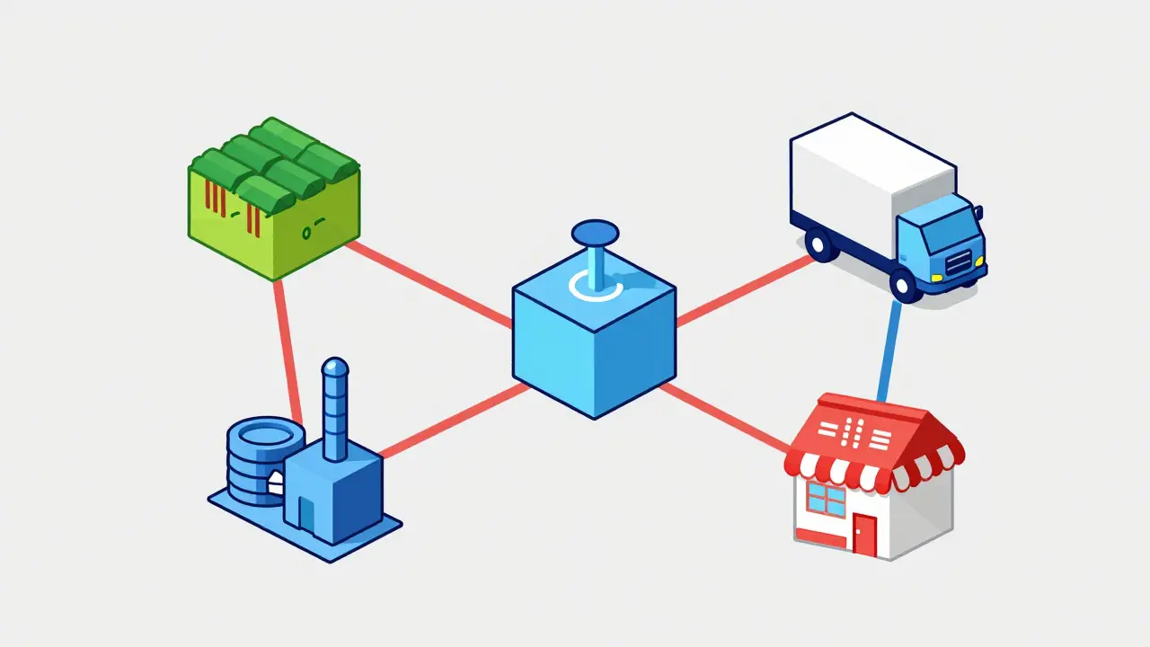 Geometric network linking farm, factory, and store with blockchain data blocks