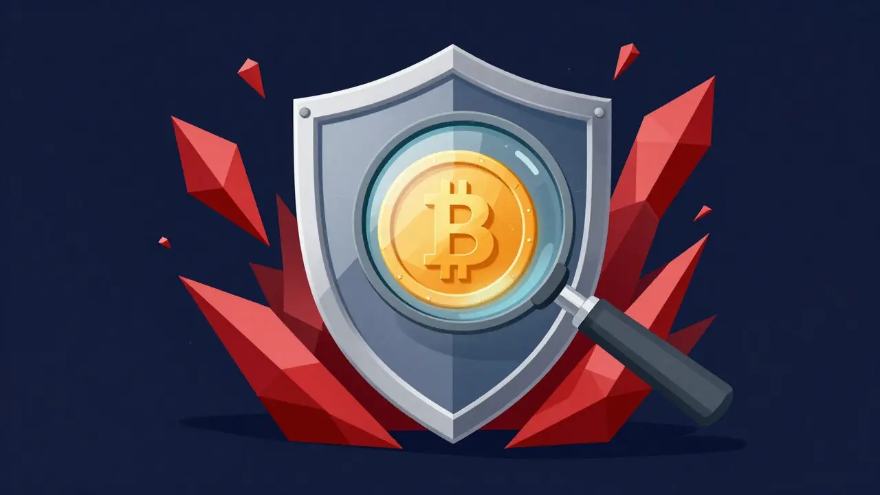 Geometric shield protecting a coin from red threat shards