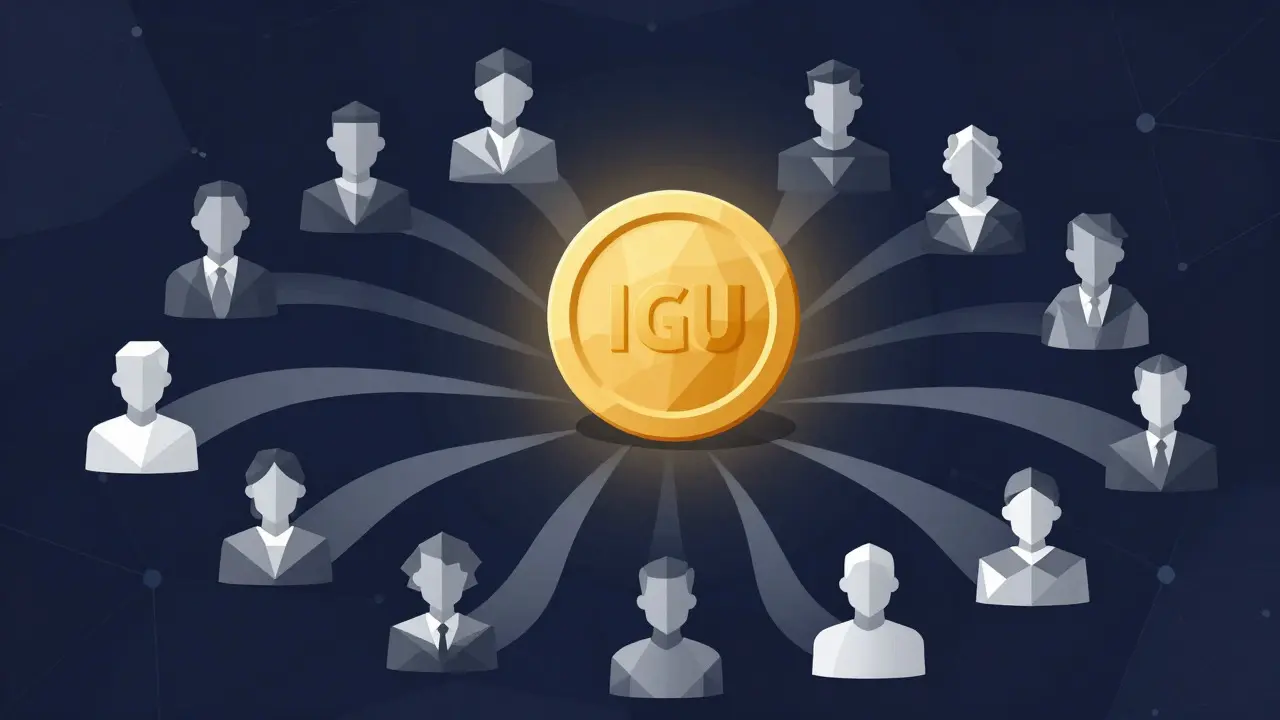 Golden geometric coin distributing rewards to abstract users