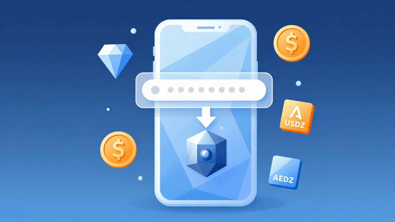 Illustration of a geometric smartphone interface entering phone numbers for secure crypto transfers